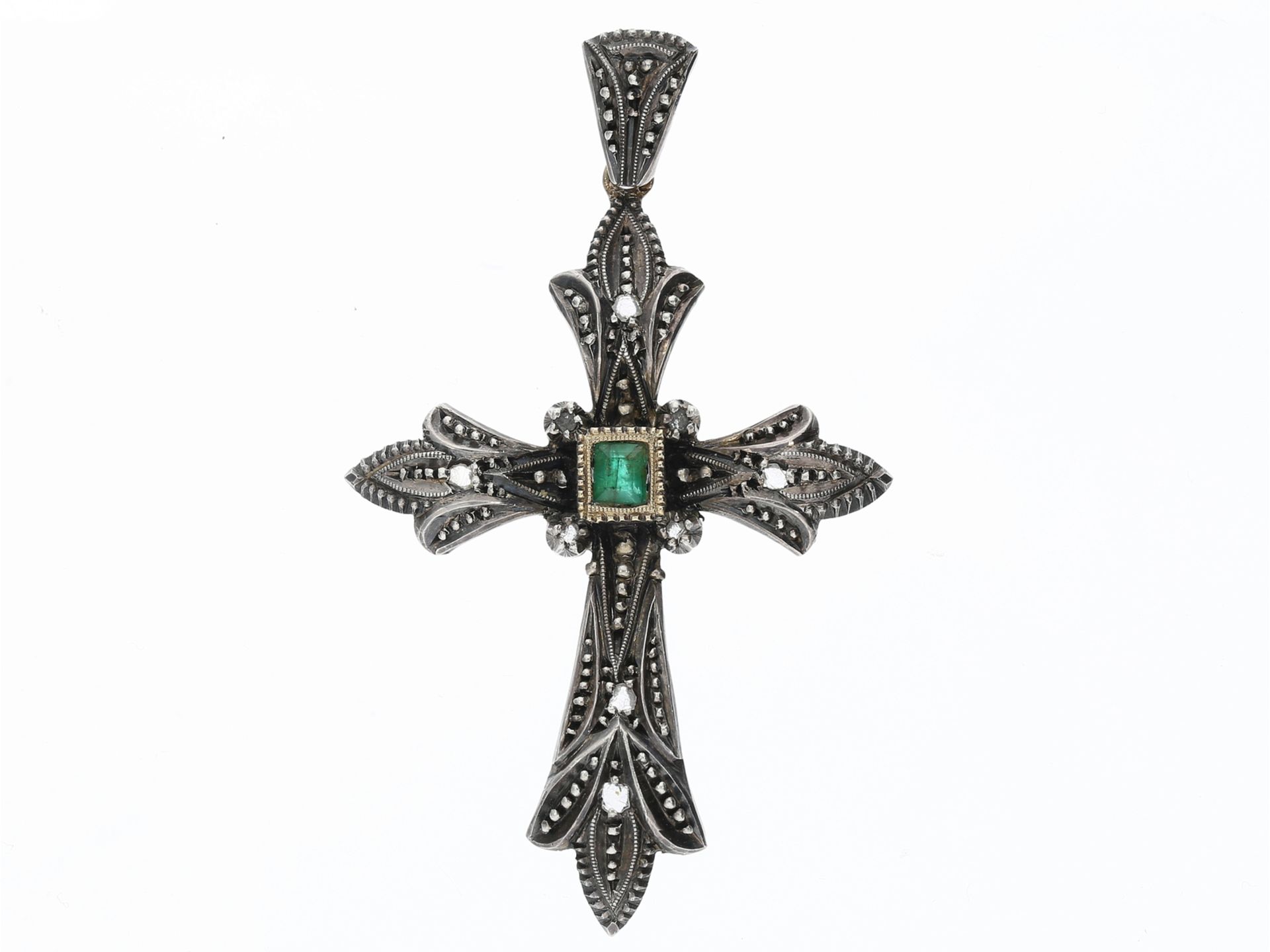 Antiker, sehr dekorativer Kreuz-Anhänger mit Smaragd und Diamantrosen, um 1900 - Bild 2 aus 3