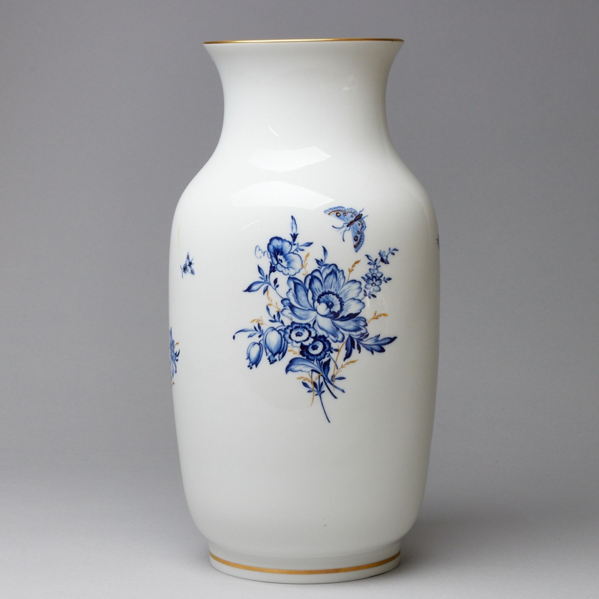 Vase - Blumenbukett mit Insekten und Goldgräsern, blau. Meissen 1980. - Bild 2 aus 2