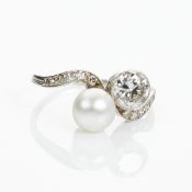 Toi-et-Moi Diamantenring mit Perle des Art Décos