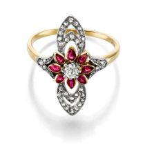 Art Déco Blütenring mit Rubinen und Diamanten