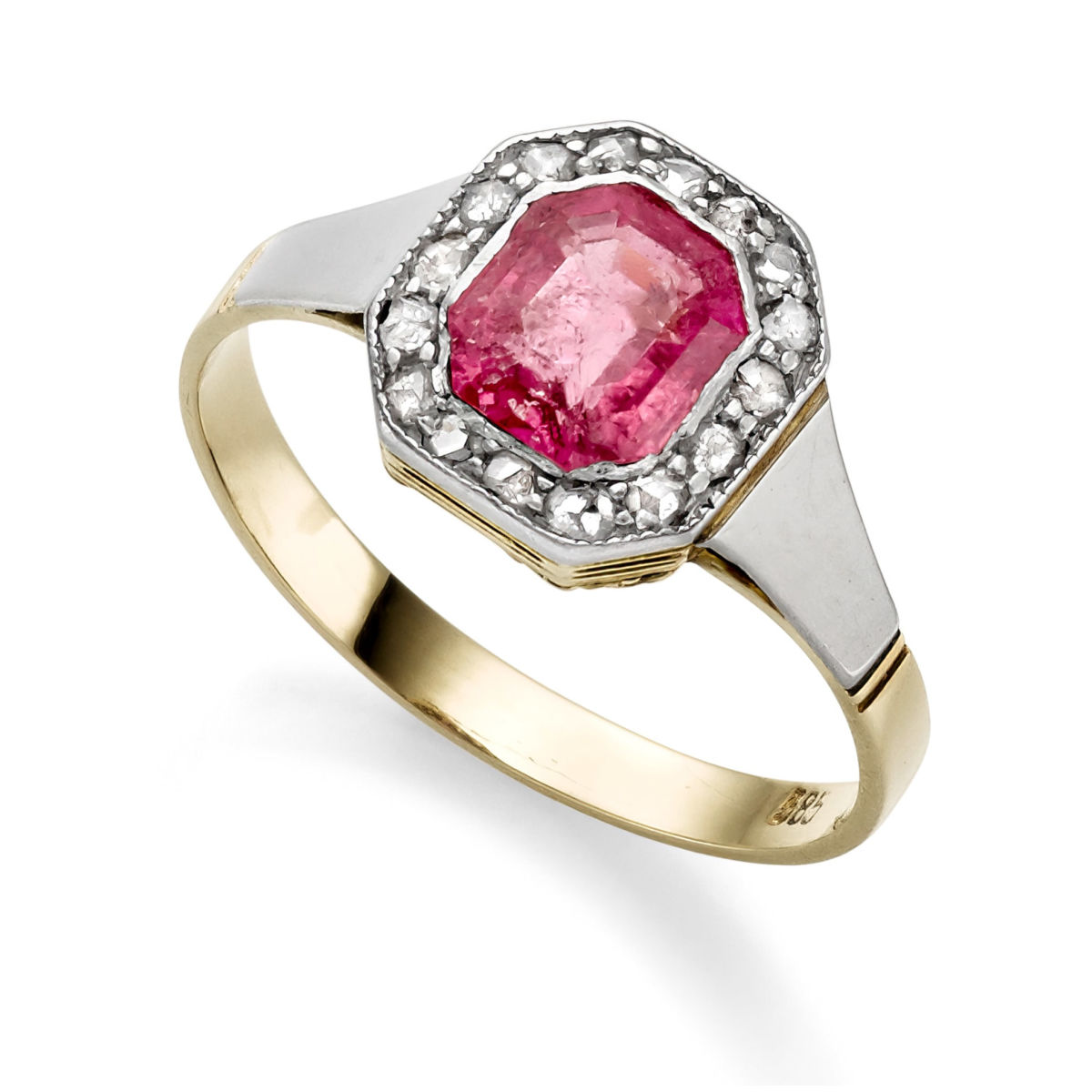 Art Deco entourage ring with pink tourmaline and diamond roses 