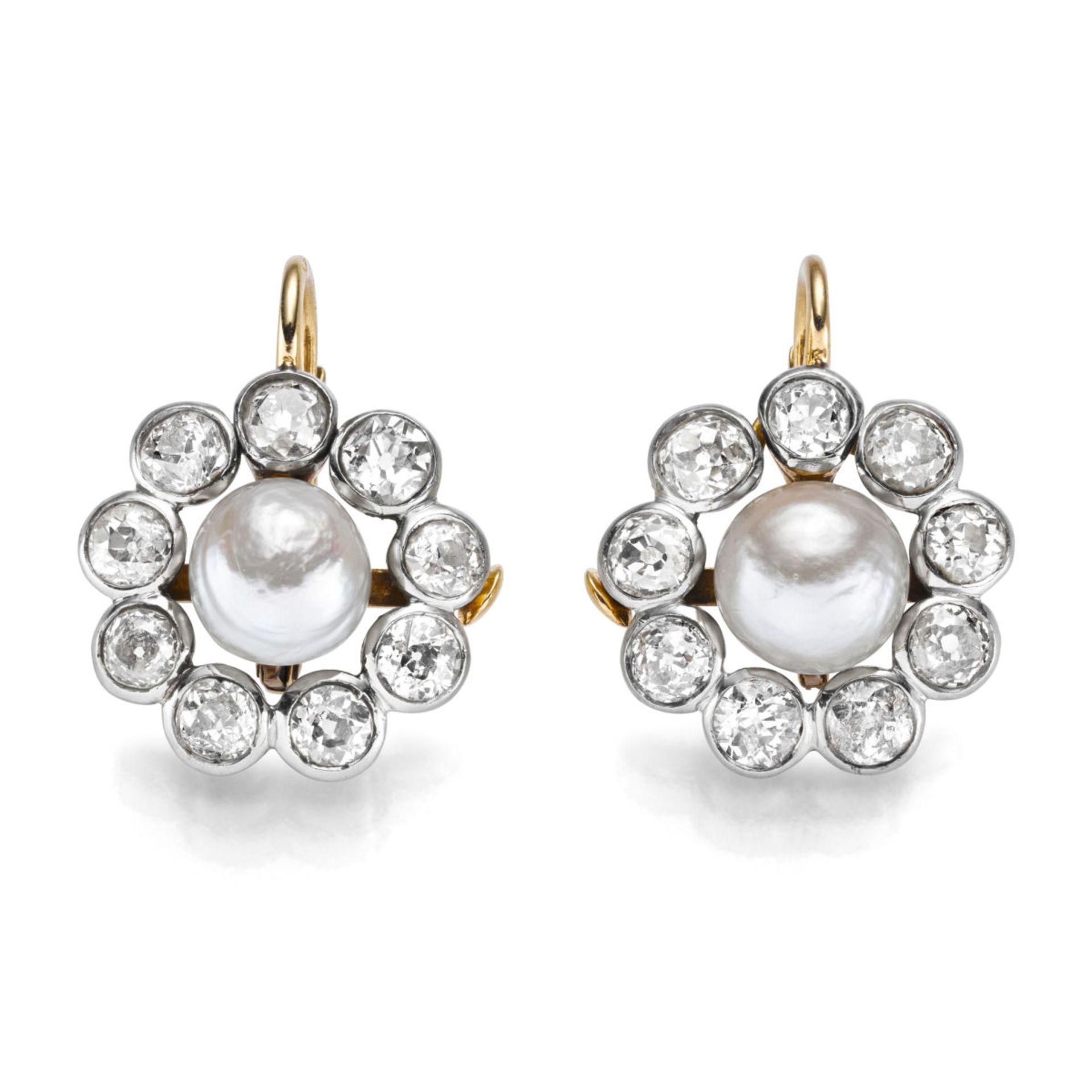 Pair of Belle Époque entourage earrings with oriental pearls and diamonds 