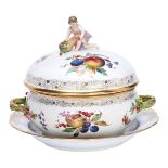 Large lidded tureen with fruit decoration on stand 