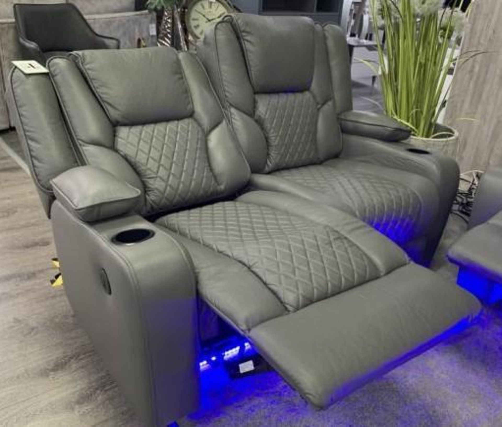 2 X NEW Grey Leather 2 Seater Electric Recliner With USB Charging Port and Floor lights.