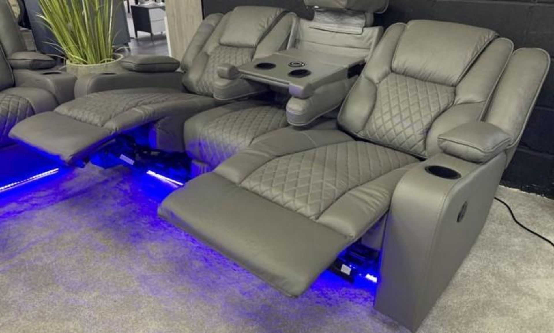 2 X NEW Bentley Grey Leather 3 Seater Electric Recliner With Wireless Charging and Floor lights!
