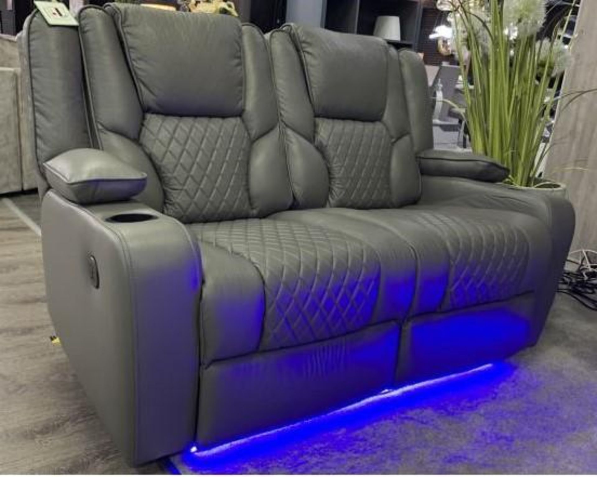 2 X NEW Grey Leather 2 Seater Electric Recliner With USB Charging Port and Floor lights. - Image 2 of 6