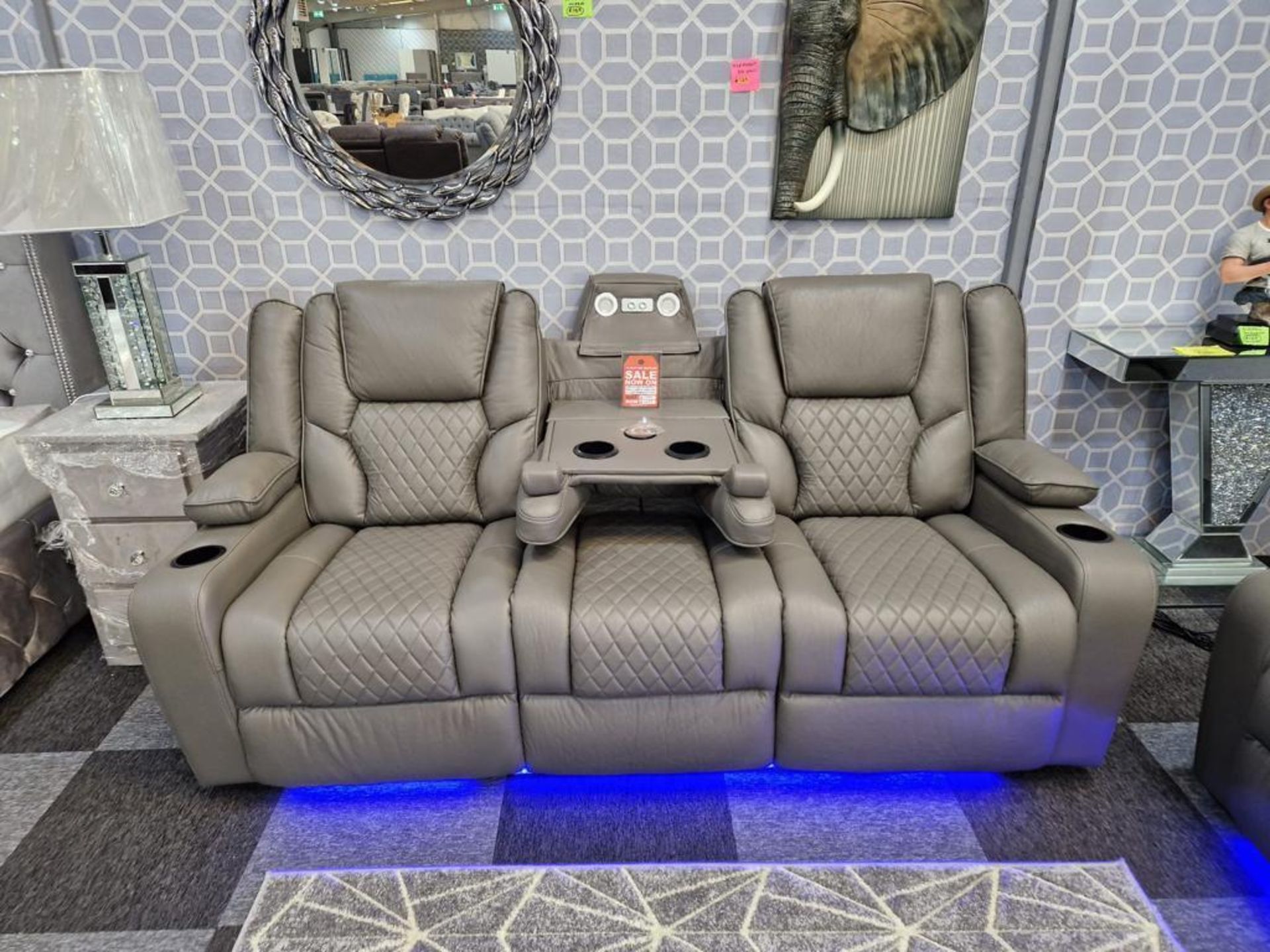 2 X NEW Bentley Grey Leather 3 Seater Electric Recliner With Wireless Charging and Floor lights! - Image 2 of 7