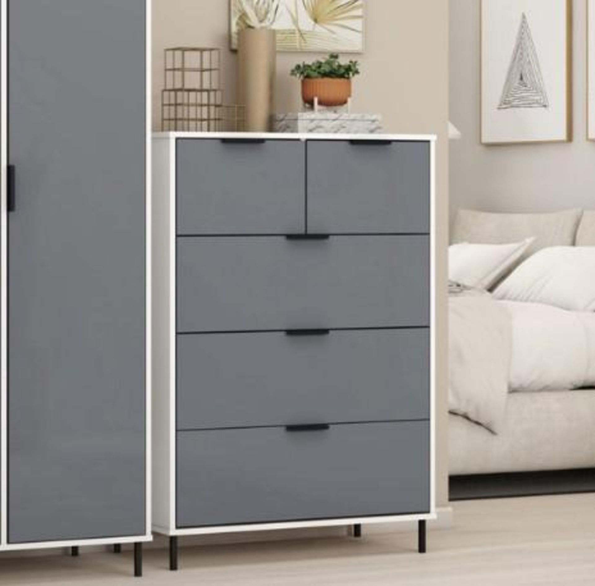 *BRAND NEW* Barcelona grey and white gloss 3 + 2 drawer chest flat packed - Image 2 of 2