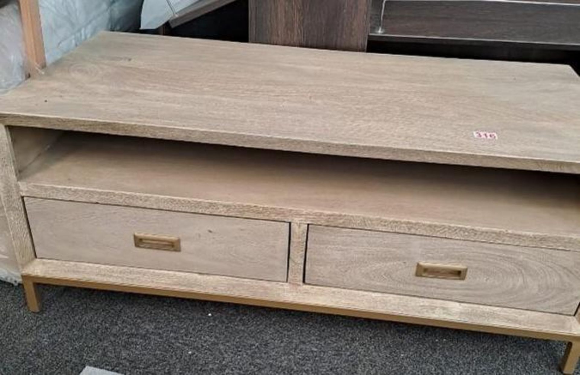 *EX DISPLAY* IFD Oak finish distressed tv/coffee table with 2 drawers and gold metal base.