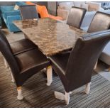 *EX DISPLAY* Black and brown marble finish table complete with set of 6 high back leather chairs.