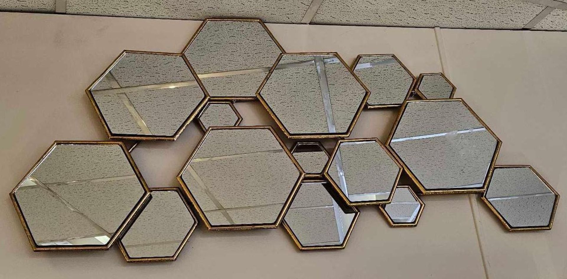 *EX DISPLAY* Ostara 15 Pane Gold Hexagon Mirror. 120 X 64cm