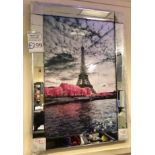 *EX DISPLAY* Liquid art on glass image of Eiffel tower in heavy bevelled mirror frame.