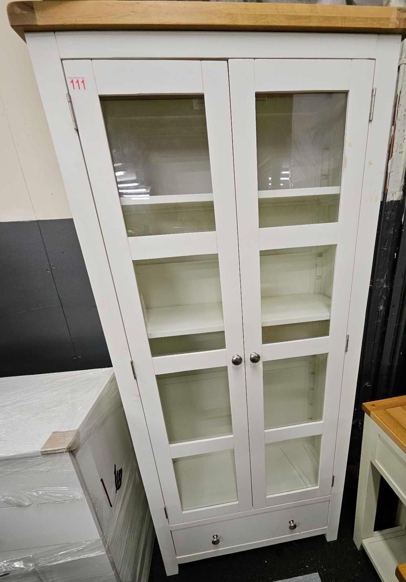 *EX DISPLAY*Melbourne ivory white 2 door glass display cupboard with base drawer and natural oak top