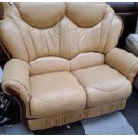 *EX DISPLAY* Vicenza 100% Italian leather 2 seater sofa in pearlized cream with walnut show wood