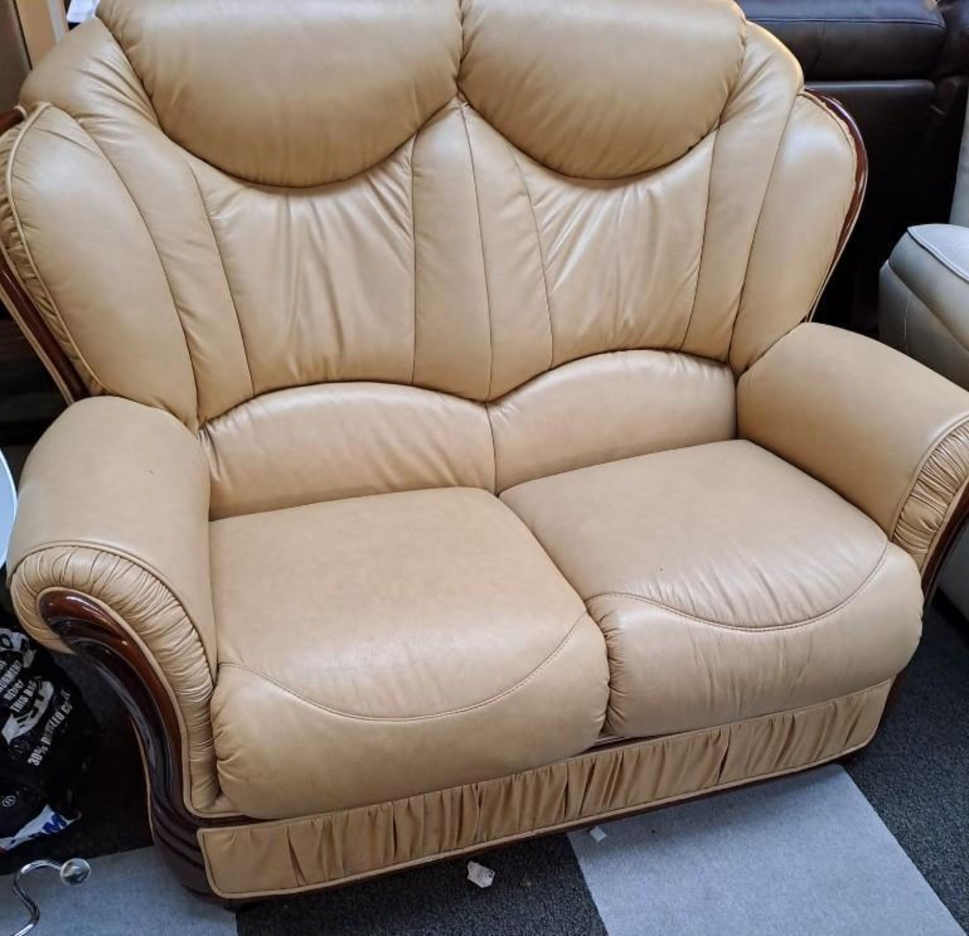*EX DISPLAY* Vicenza 100% Italian leather 2 seater sofa in pearlized cream with walnut show wood