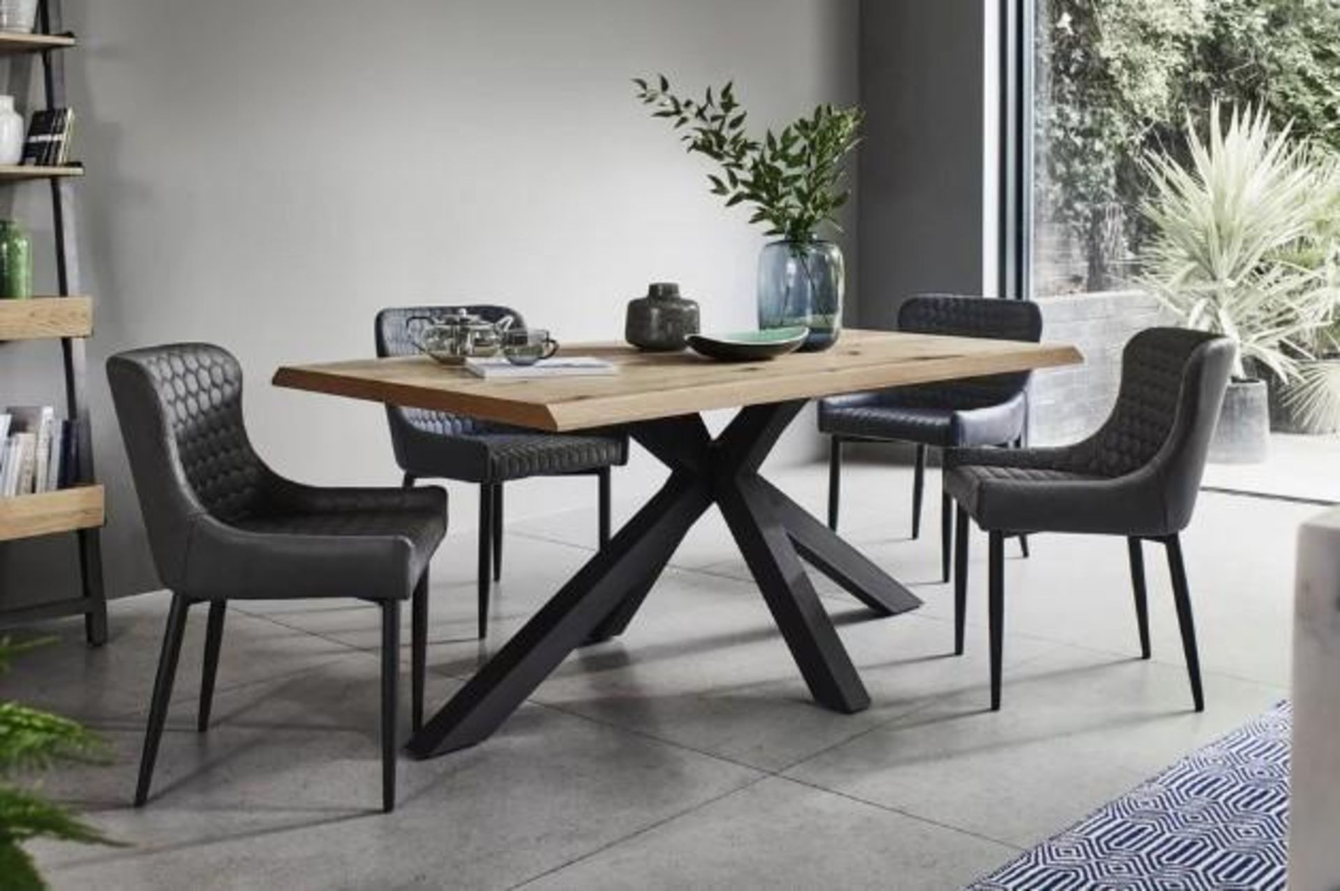 *EX DISPLAY* Osaka furniture village oak rectangular dining table and 6 charcoal grey merlin faux le - Image 2 of 10
