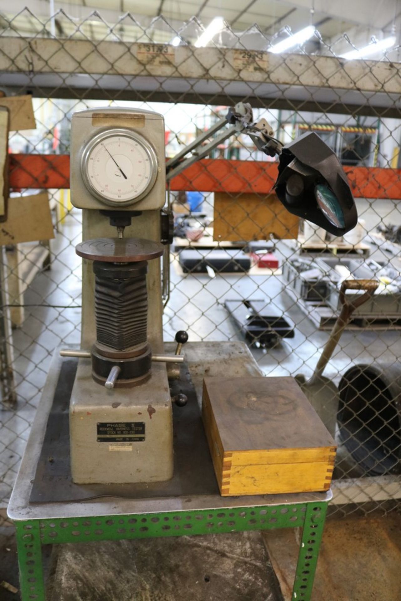 1994 Phase II Rockwell Hardness Tester Stock # 900-330 with Accessories on Metal Stand