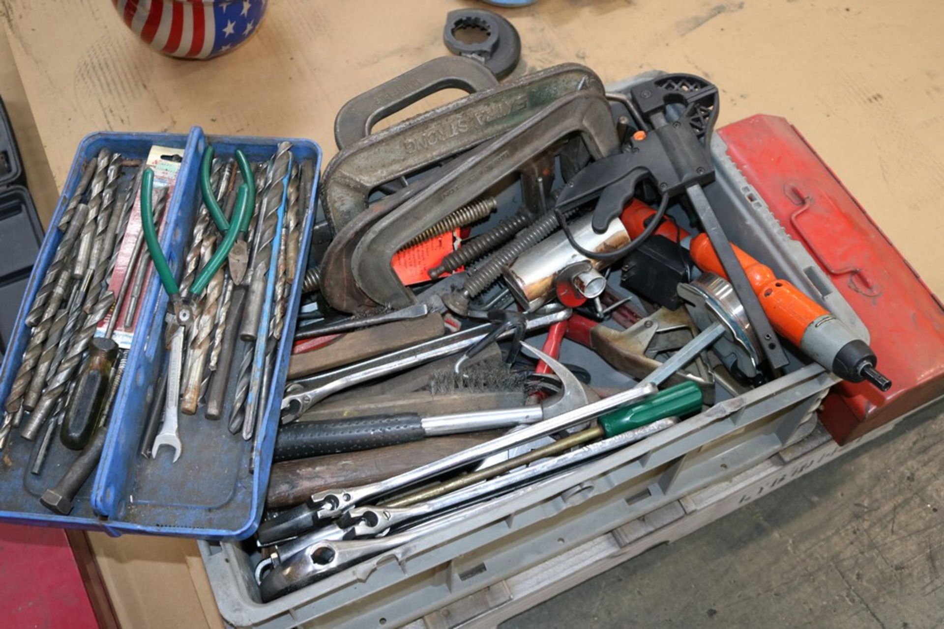 Box of Handtools, C Clamps, Crescent Wrenches, Chizels, Hammers and Others