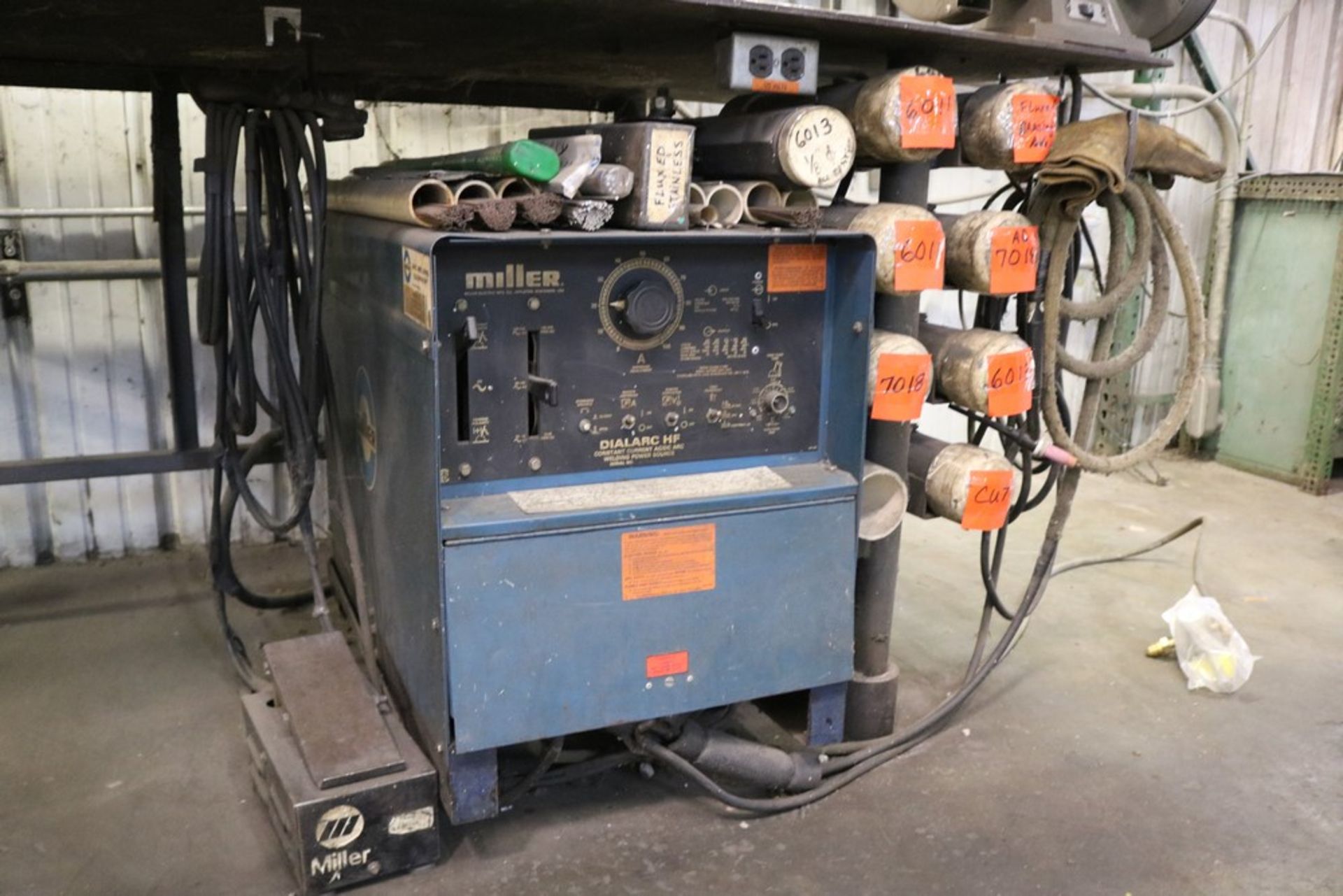 1989 Miller Dialarc HF Tig Welder with Various Welding Rods, Face Masks, Welding Parts and