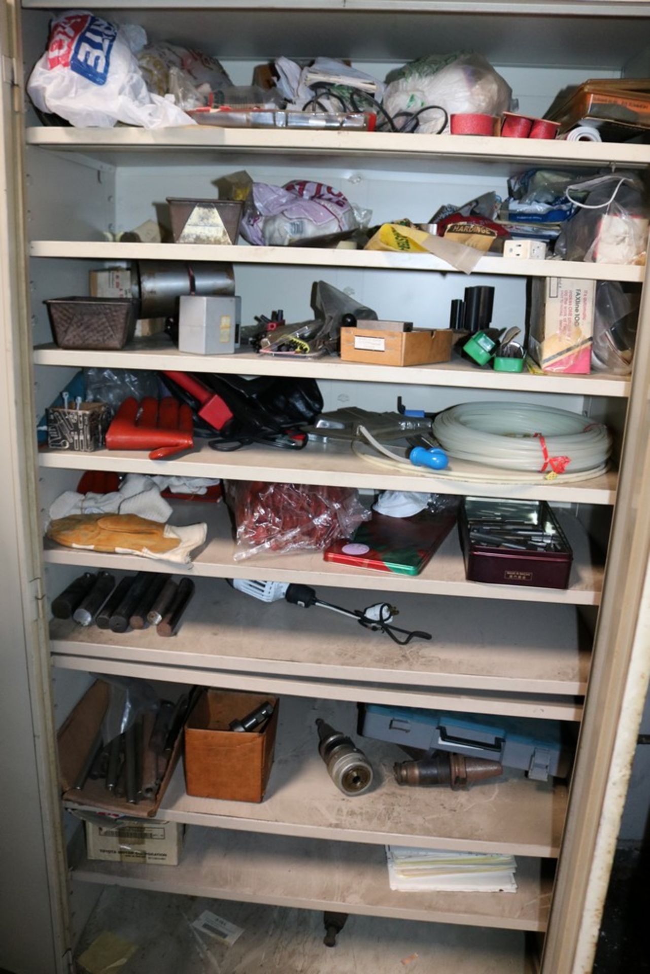 Cabinet with Various Items, Soldering Guns, Sand Paper, Lathe Tooling, Work Gloves, Stamping Sets