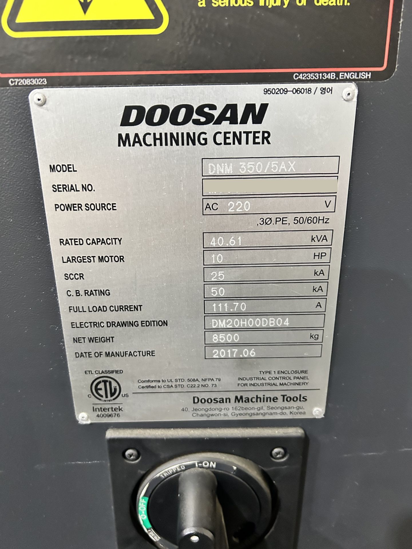 2017 Doosan DNM 350/5AX, CNC Vertical Machining Center - Image 7 of 7