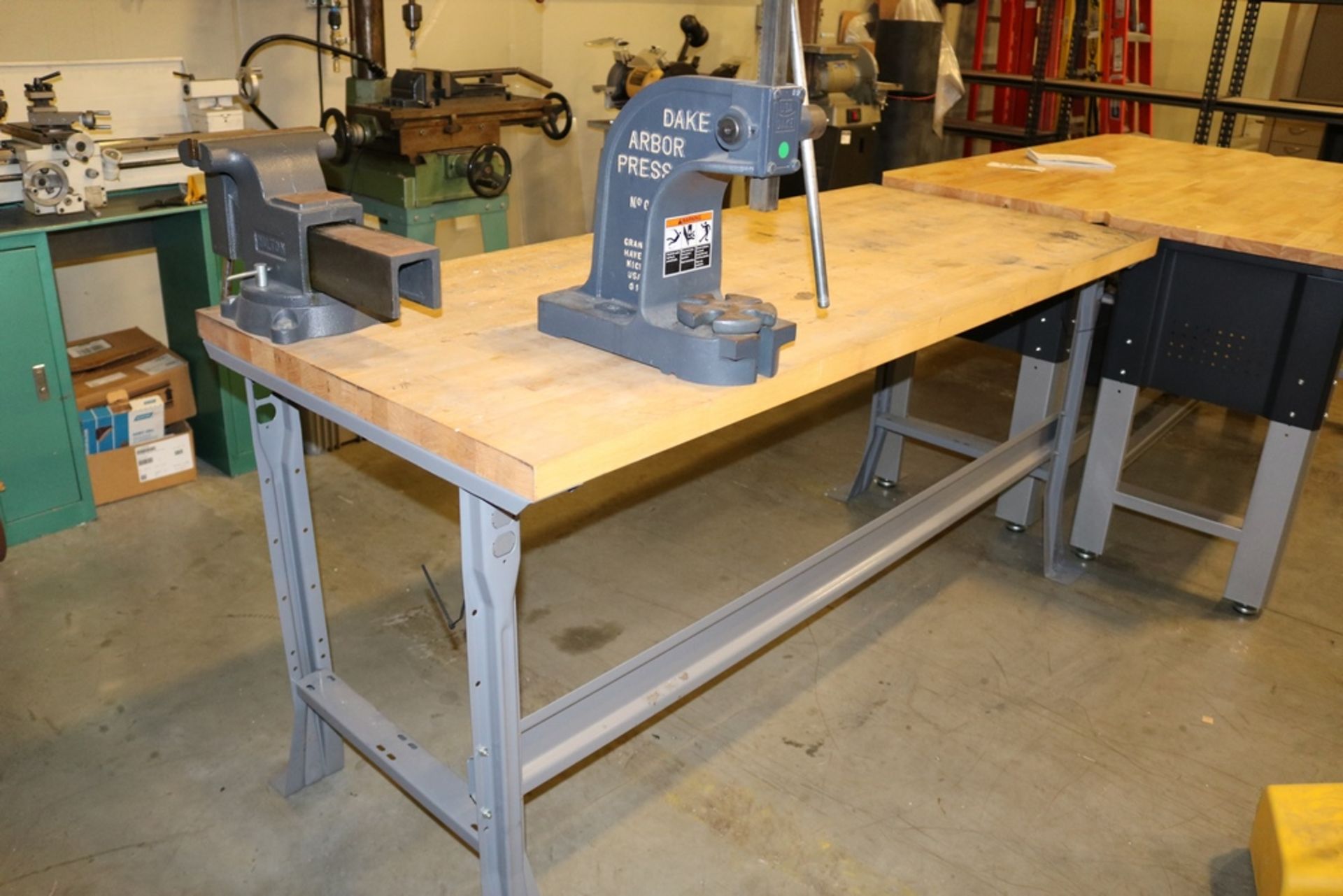 Wilton 8" Jaw Table Vice & Drake Abror Press No 0 With Wood Top Work Table 6' x 30" x 33 1/2"