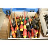 Box of Screw Drivers, Phillips, Chizels, Electric Screw Drivers, Flat Heads, Star Bits, Etc.