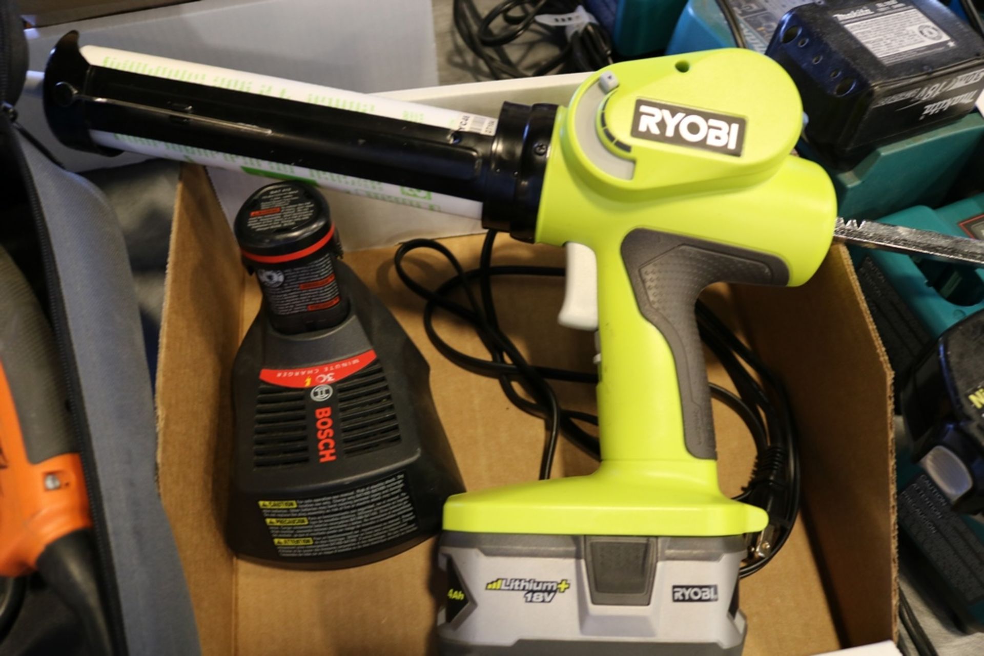 Bosch 12v Cordless Drill with Batteries & Charger, Cordless Ryobi Auto Caulking Gun & Ridgid 1/2 - Image 3 of 6