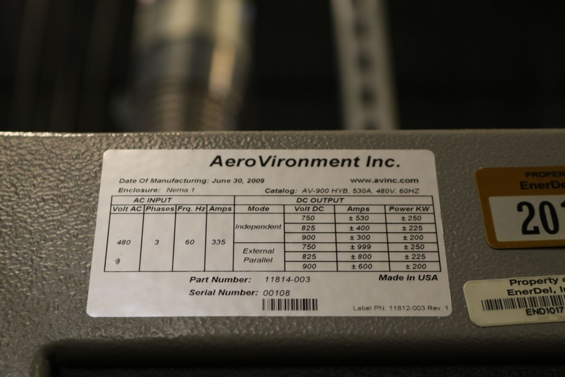 2009 AeroVironment Inc High Power Direct Current Test Bench AV-900 S/N: 00108 Up to 900V Includes: - Image 3 of 12