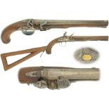 Steinschloss-Jagdpistole mit abnehmbarem Kolben, Wogdon London, Kal. 13mm