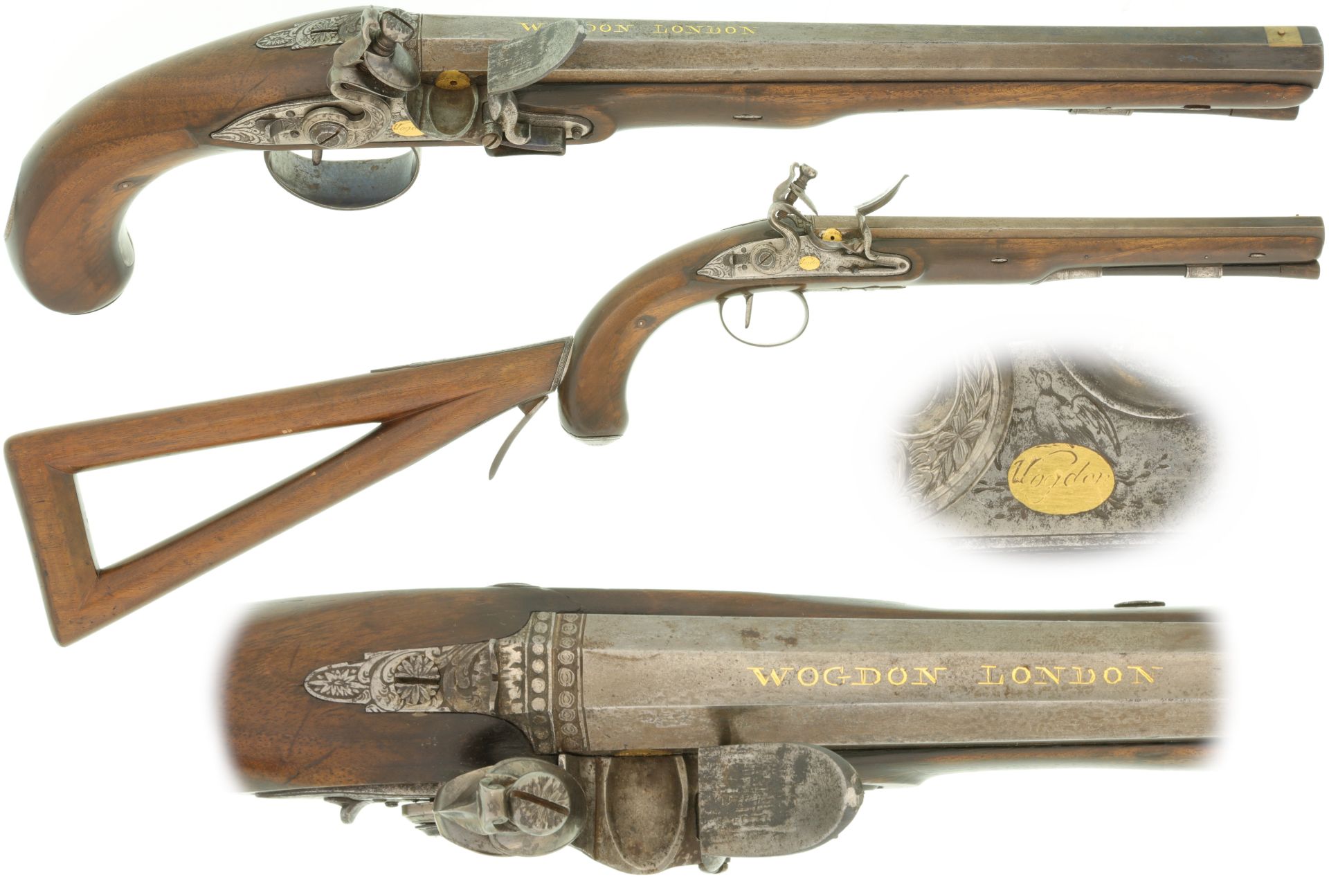 Steinschloss-Jagdpistole mit abnehmbarem Kolben, Wogdon London, Kal. 13mm