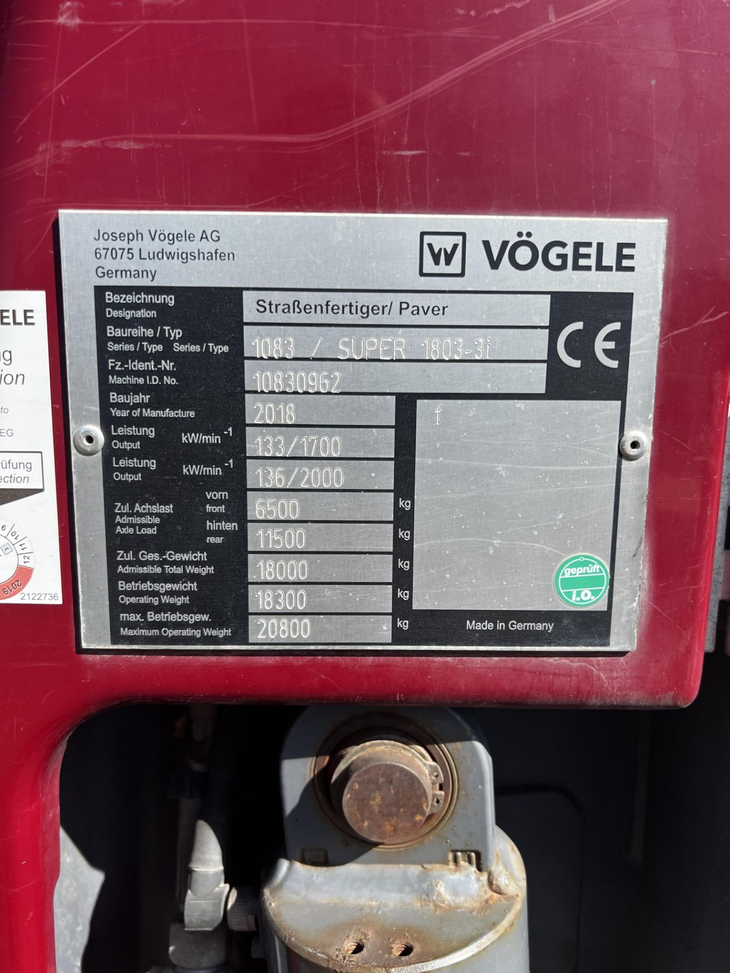 VOGELE Model SUPER 1803-3i Wheeled Paver year 2018 2,500 hours use - Image 2 of 13