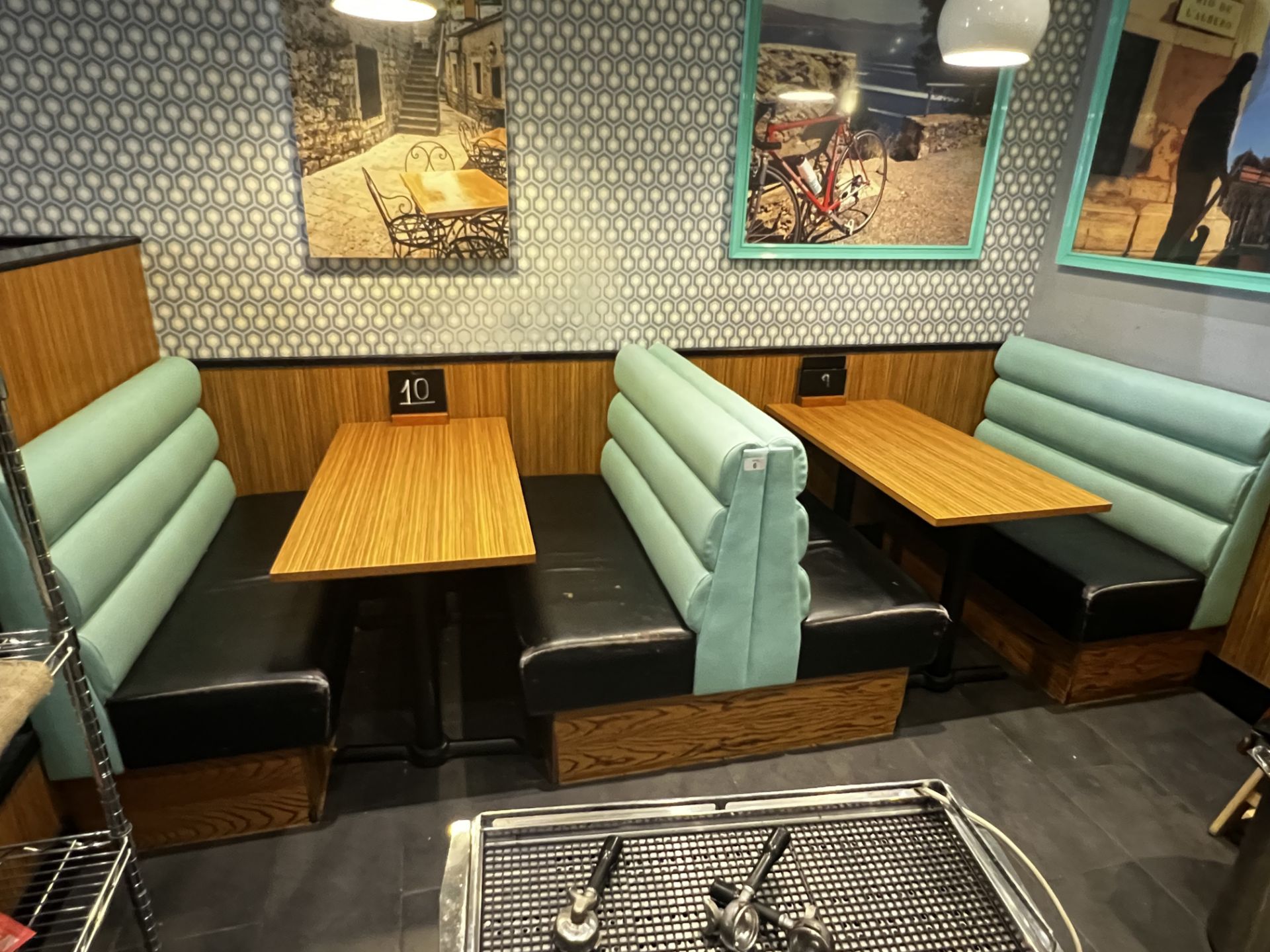 4 x Upholstered bench seats with 2 x tables 1.2M long