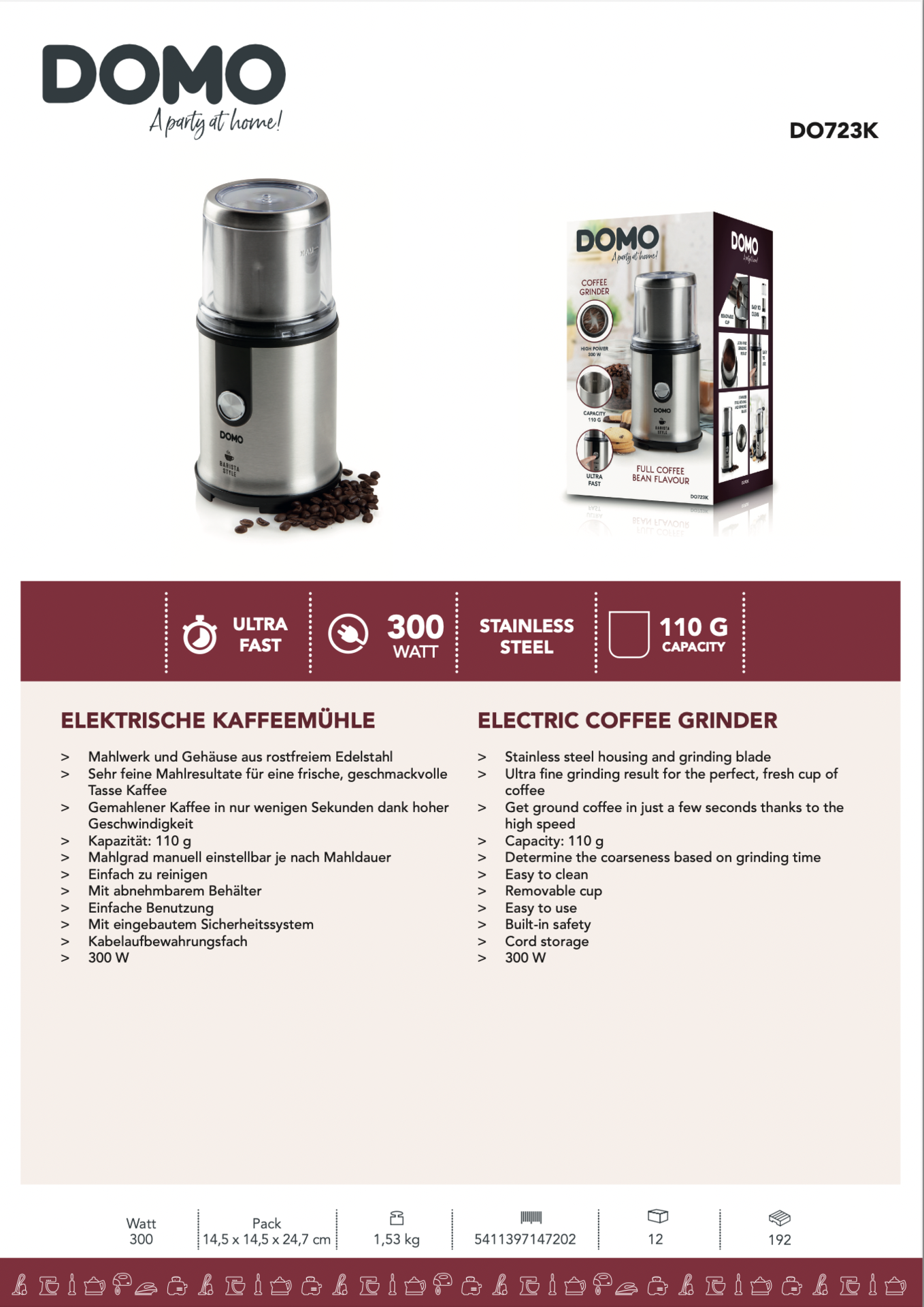 4 x DOMO Coffee Grinders SS 110g RRP £ 50 each total £ 200 - Image 2 of 7