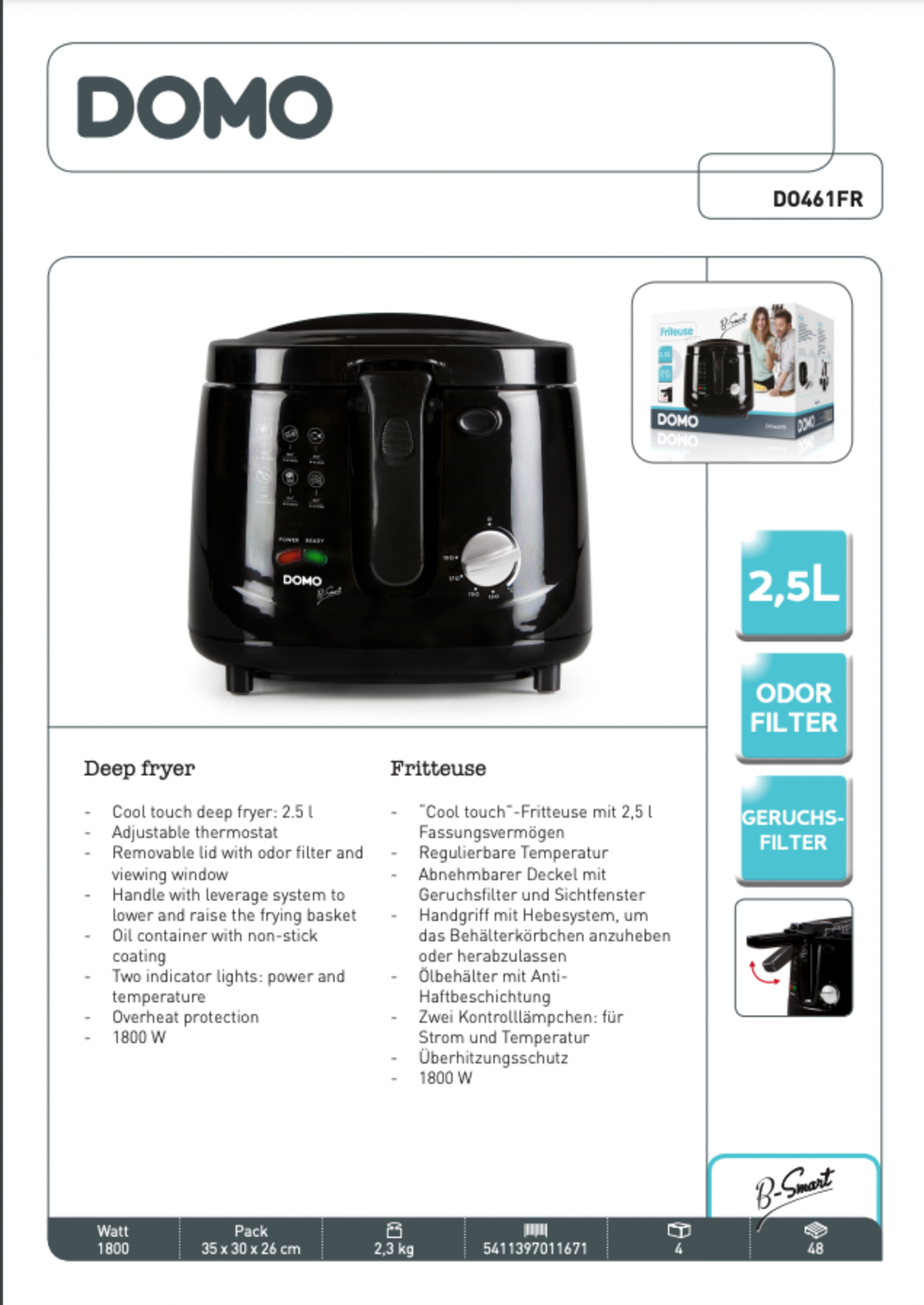 DOMO Deep fryer 2,5L - ABS Black - B Smart RRP £ 65 - Image 4 of 4