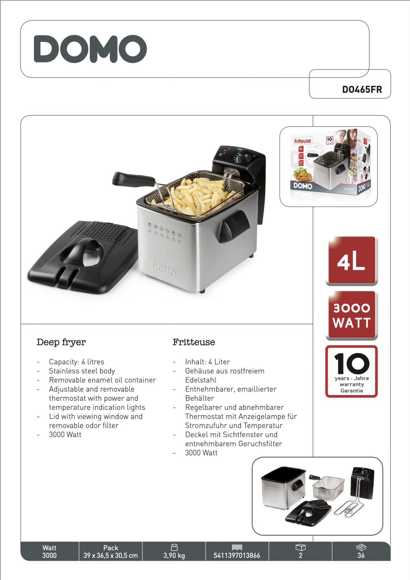 DOMO Deep Fryer SS 4L 3000W RRP £ 90 - Image 6 of 6