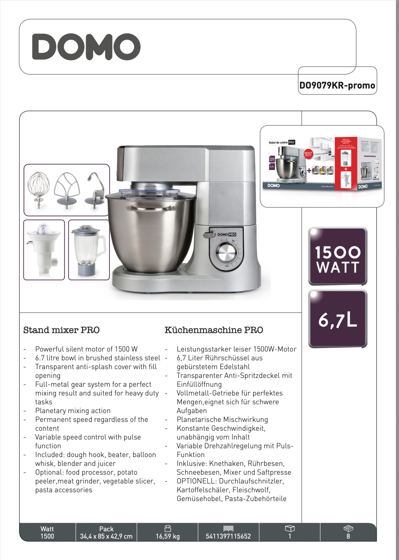 DOMO Pro Stand Mixer 1500W 6.7L bowl RRP 450 - Image 2 of 11