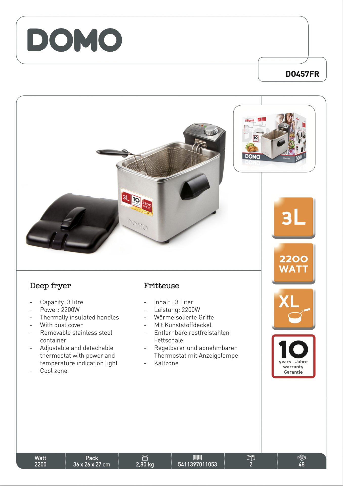 DOMO Deep Fryer 3L SS 2200W RRP £85 - Image 6 of 6