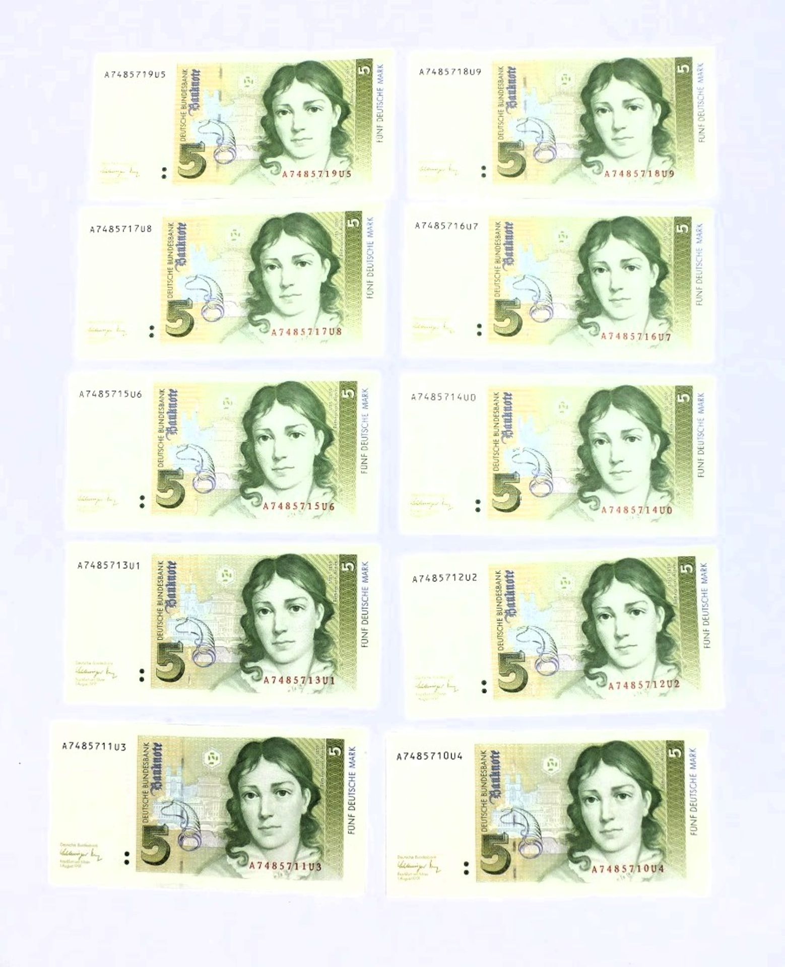 Banknoten 10x 5 Mark m. fortlaufender Nummer