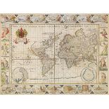 Welt und Erdteile - Weltkarte von Moses Pitt u. a. und 4 Erdteilkarten von W. Janszoon und J. Blaeu