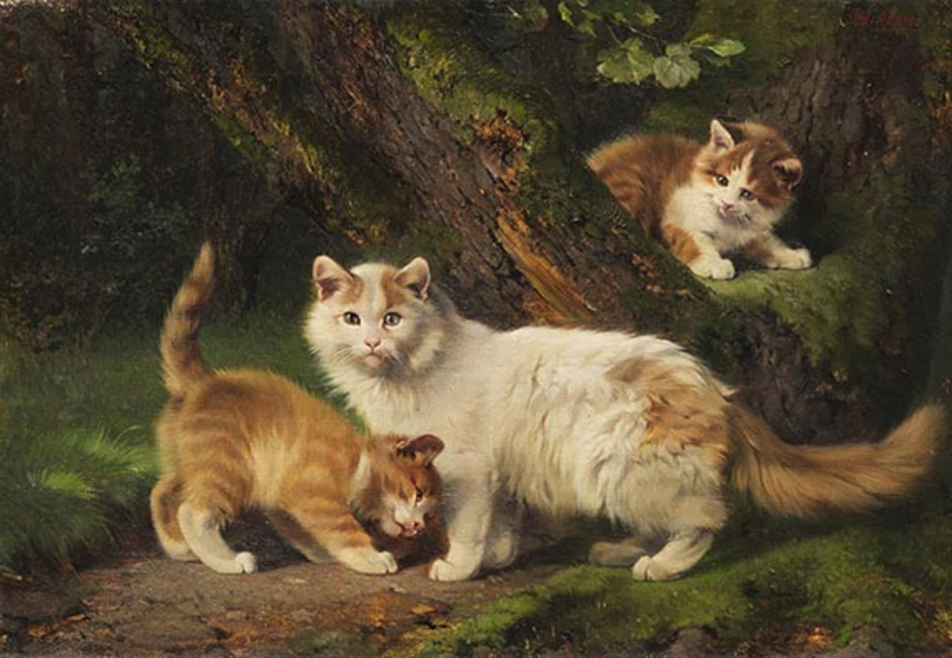 Julius II Adam 1852 München - 1913 München Spielende Katzenfamilie im Wald. Um 1860/70. Öl auf