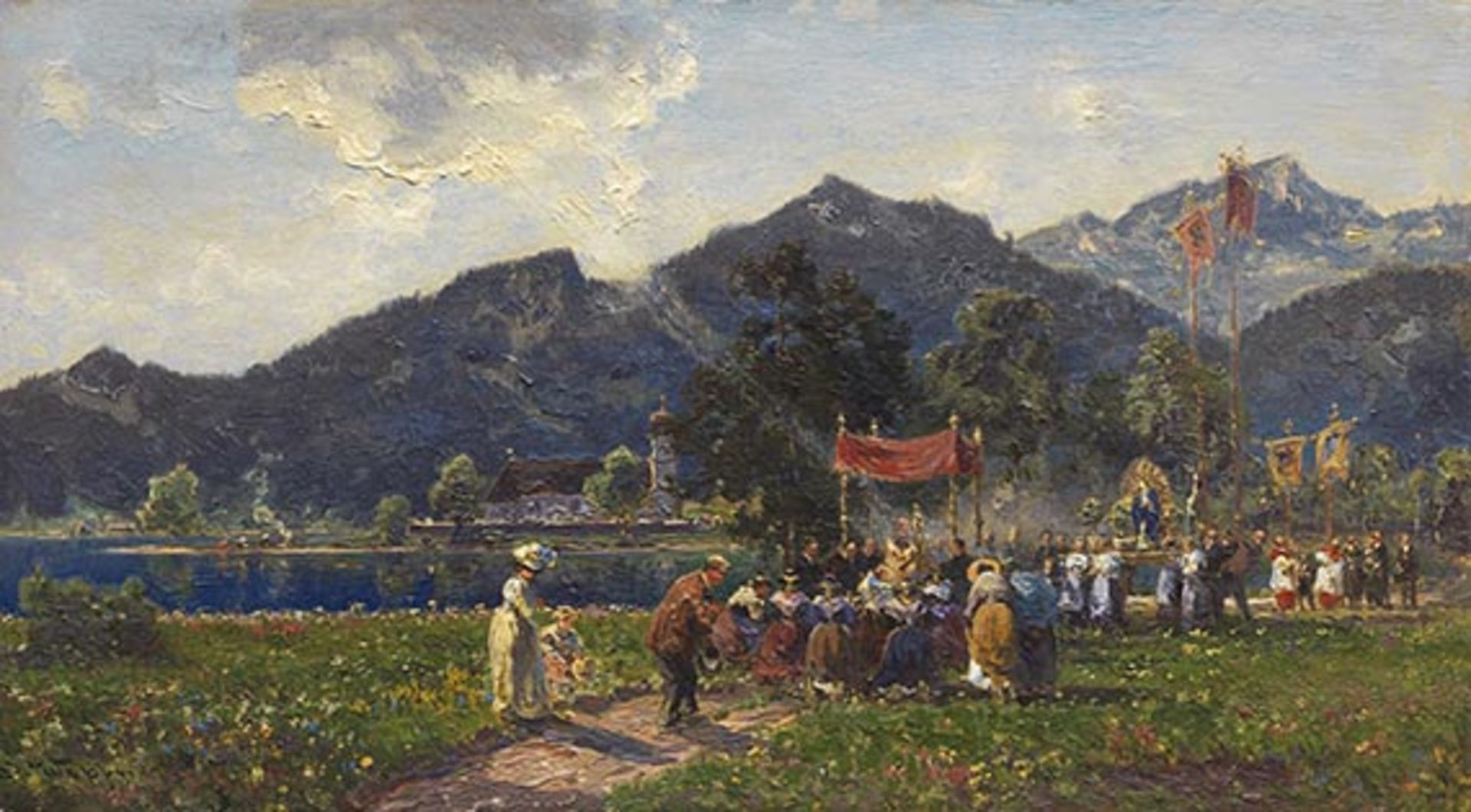 Joseph Wopfner 1843 Schwaz/Tirol - 1927 München Prozession am Walchensee. Um 1895-1900. Öl auf Holz.