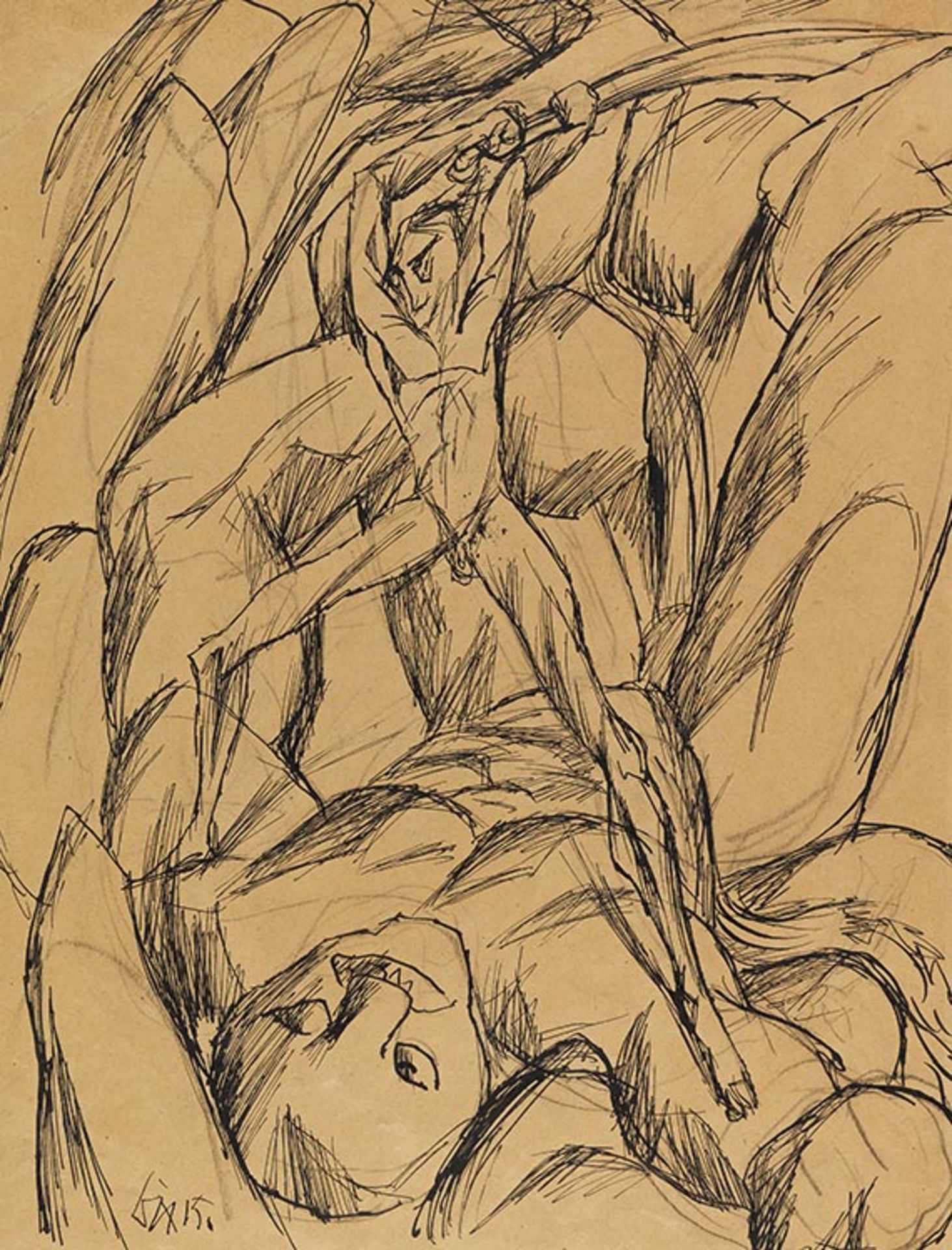 Otto Dix 1891 Gera - 1969 Singen David und Goliath. 1915. Tuschfederzeichnung und Kreide. Lorenz