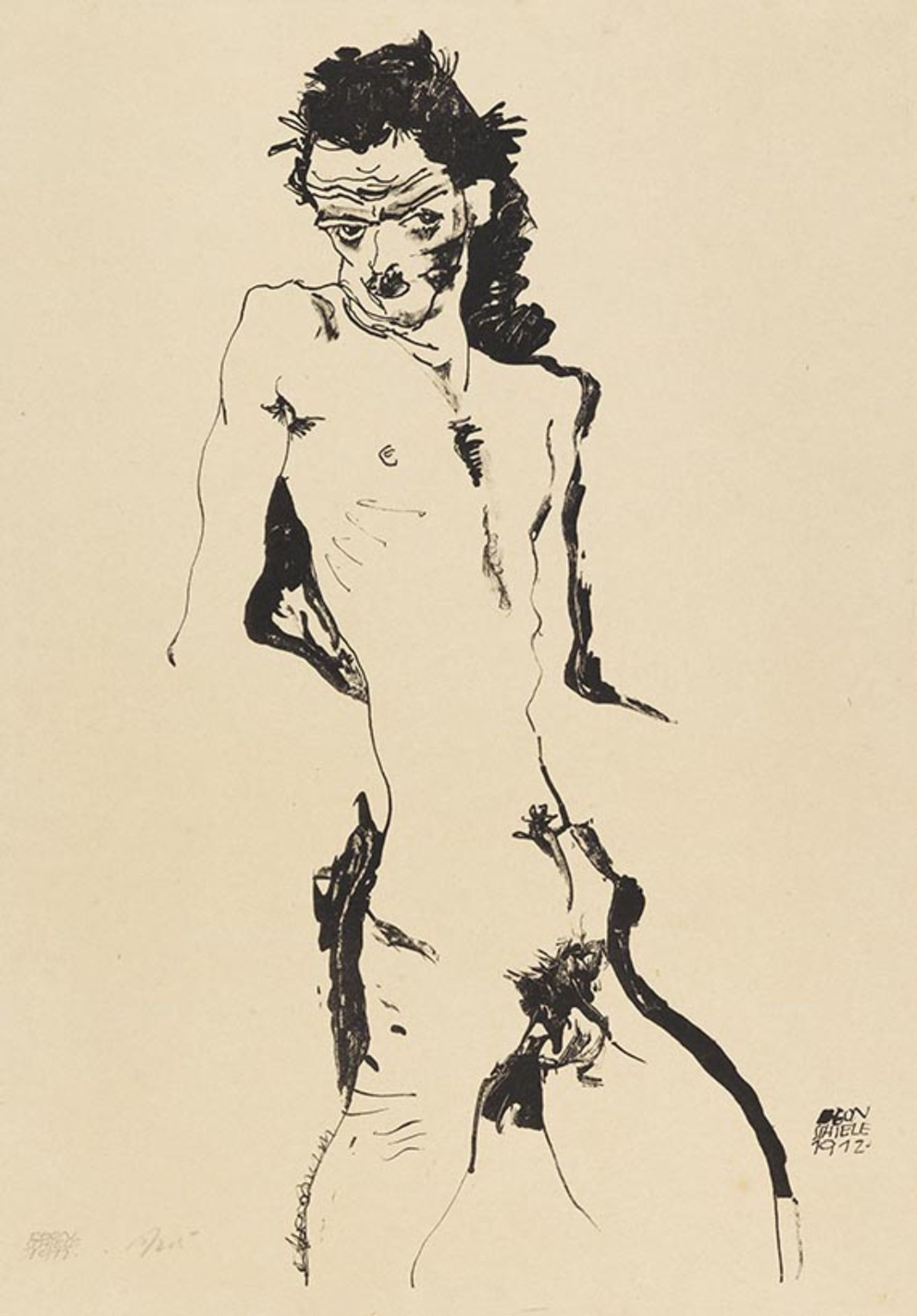 Egon Schiele 1890 Tulln - 1918 Wien Männlicher Akt (Selbstbildnis). 1912. Lithografie. Kallir 1 b