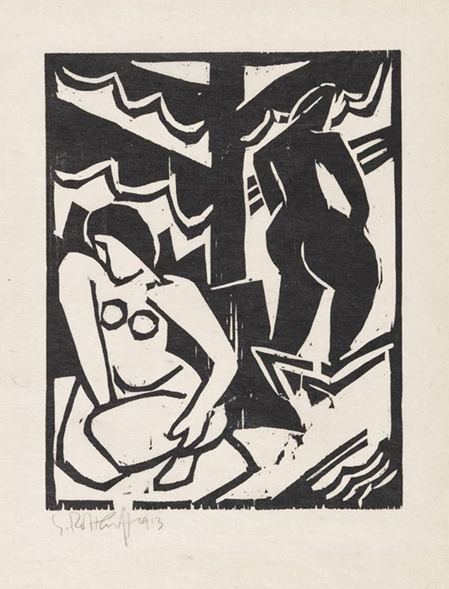 Karl Schmidt-Rottluff 1884 Rottluff bei Chemnitz - 1976 Berlin Akte unter Baum. 1913. Holzschnitt.