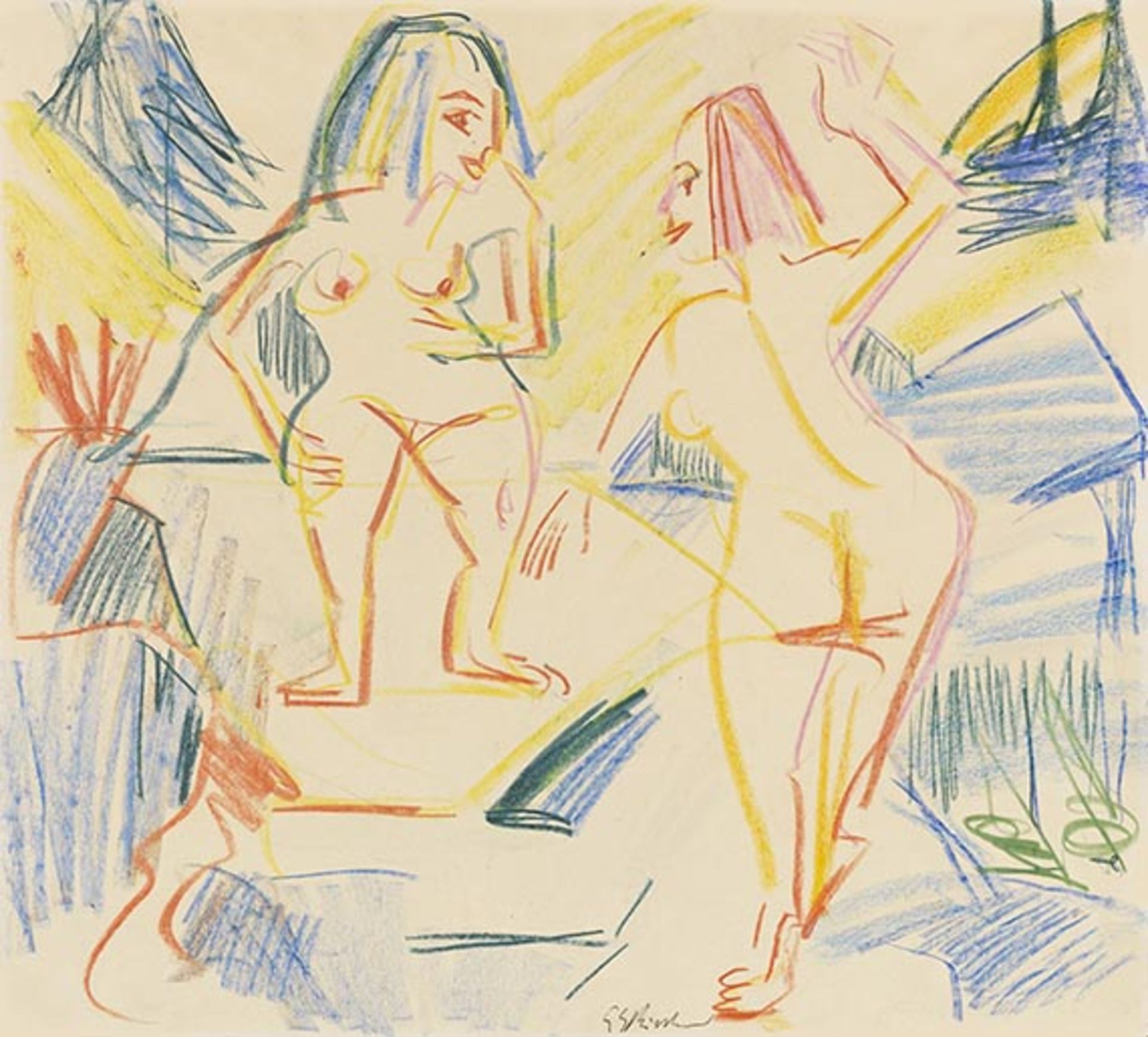 Ernst Ludwig Kirchner 1880 Aschaffenburg - 1938 Davos Badende in Felsen. Um 1924. Farbige