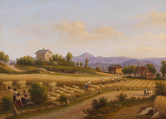 Wilhelm Brücke 1800 Stralsund - 1874 Stralsund Sommerliche Landschaft mit Kornernte. 1849. Öl auf