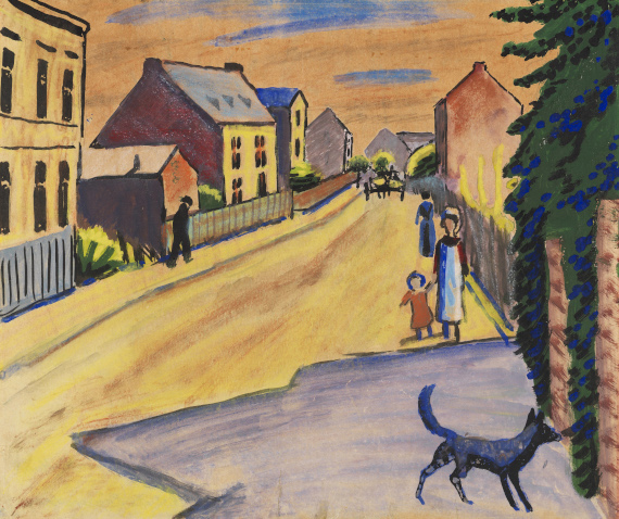 August Macke 1887 Meschede/Sauerland - 1914 Perthes-lès-Hurlus (Frankreich) Sonnige Straße mit Hund.