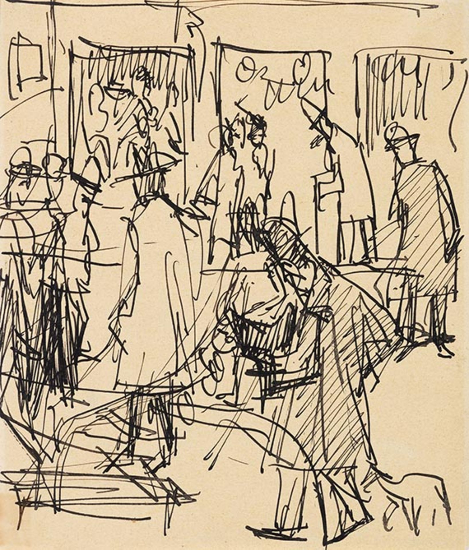 Ernst Ludwig Kirchner 1880 Aschaffenburg - 1938 Davos Straßenszene II. 1914. Tuschfederzeichnung.