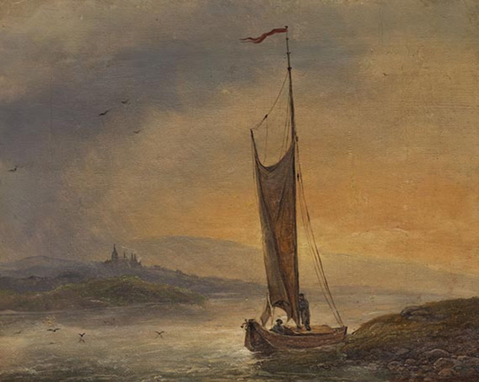 Johann Friedrich Boeck 1811 Greifswald - 1873 Stettin (zugeschrieben) Segelboot im Abendlicht. Um